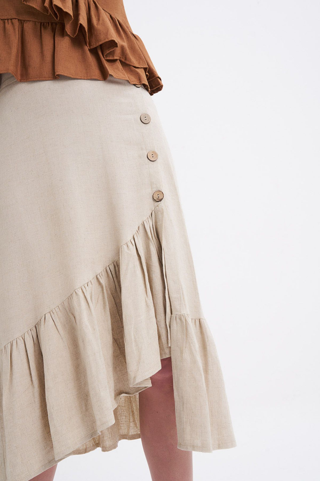 Buttoned Slit Linen Skirt Natural