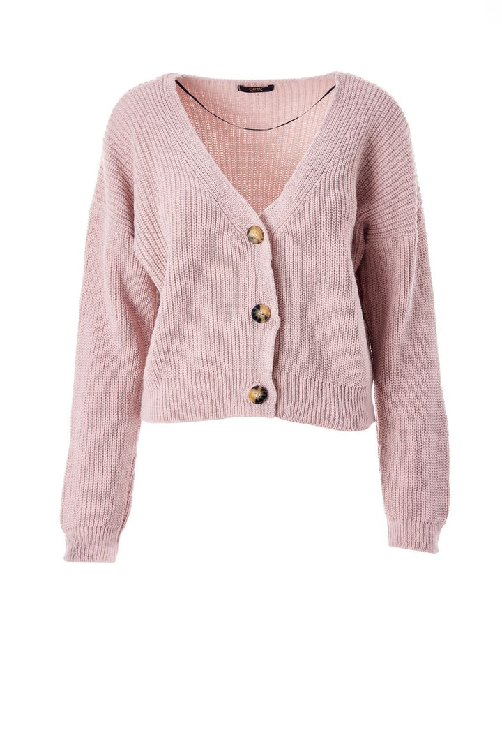 Düğmeli V Hırka Koyu Pudra