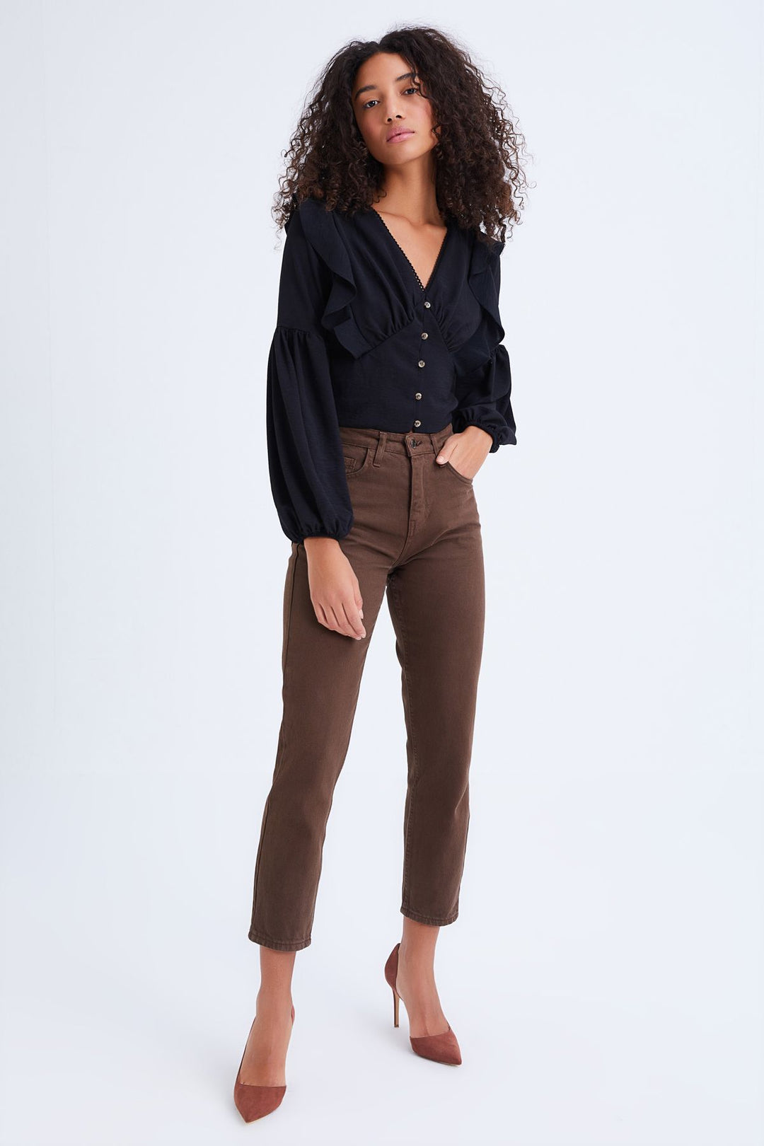 Button Front V-Neck Ruffle Blouse Black