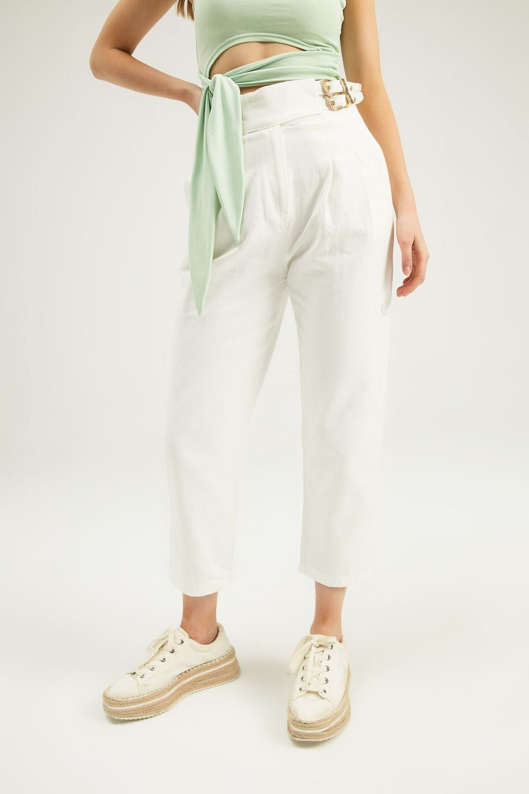 Tokalı Gabardin Yüksek Bel Pantolon Beyaz