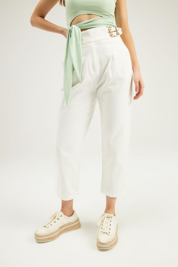 Tokalı Gabardin Yüksek Bel Pantolon Beyaz