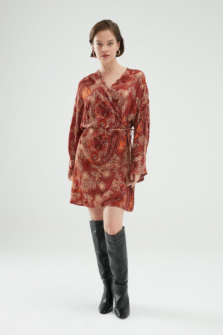 Desenli Anvelop Mini Elbise Kiremit