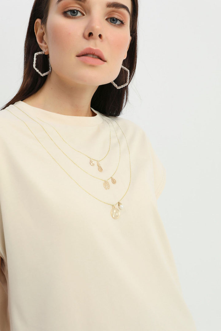 Necklace Accessory Detailed T-Shirt Light Beige