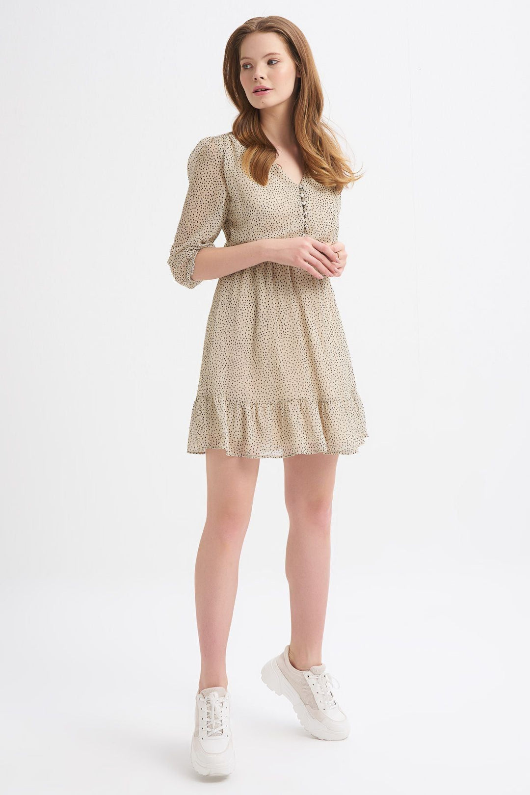 Patterned V-Neck Button Detailed Dress Beige