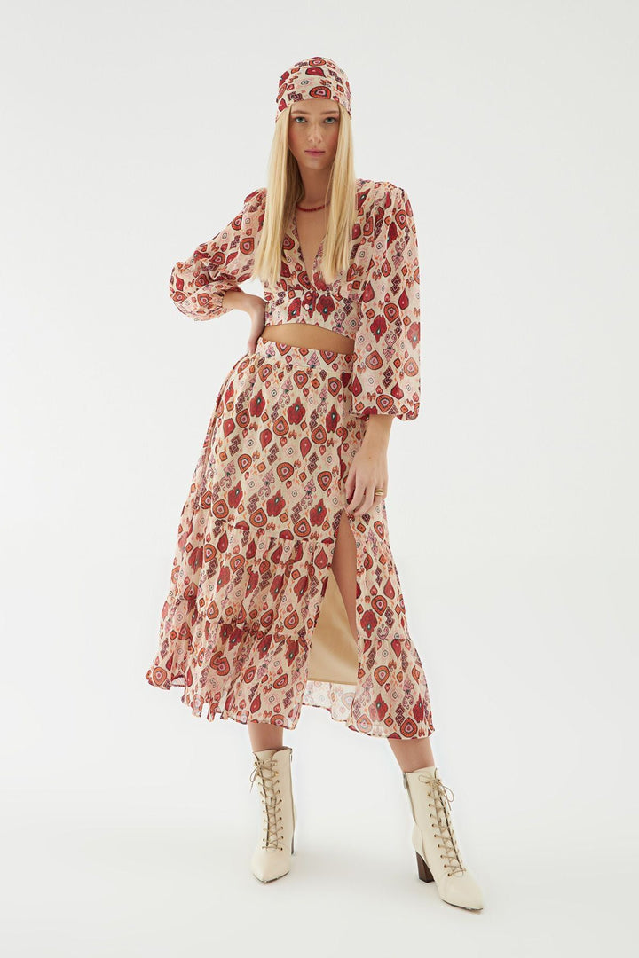 Tulle Detailed Slit Midi Skirt Beige