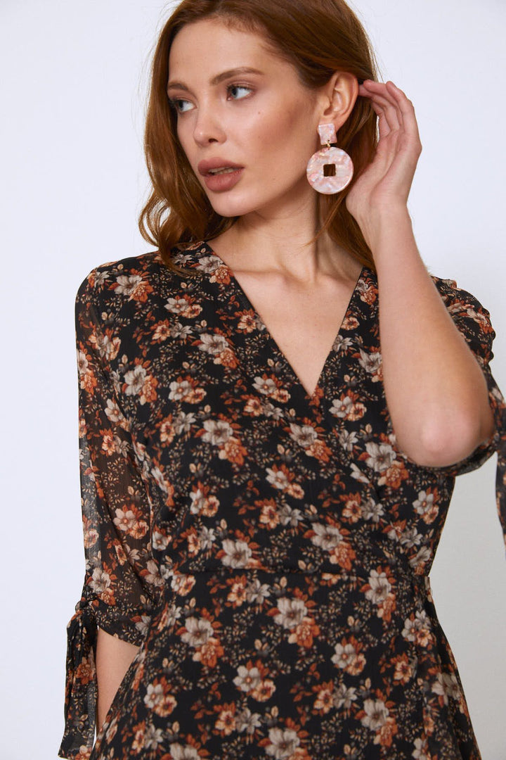 Floral Pattern V Neck Frilly Mini Dress Orange