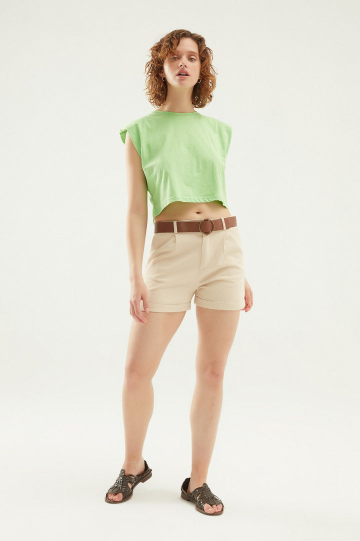 Kemerli Gabardin Duble Paça Şort Taş