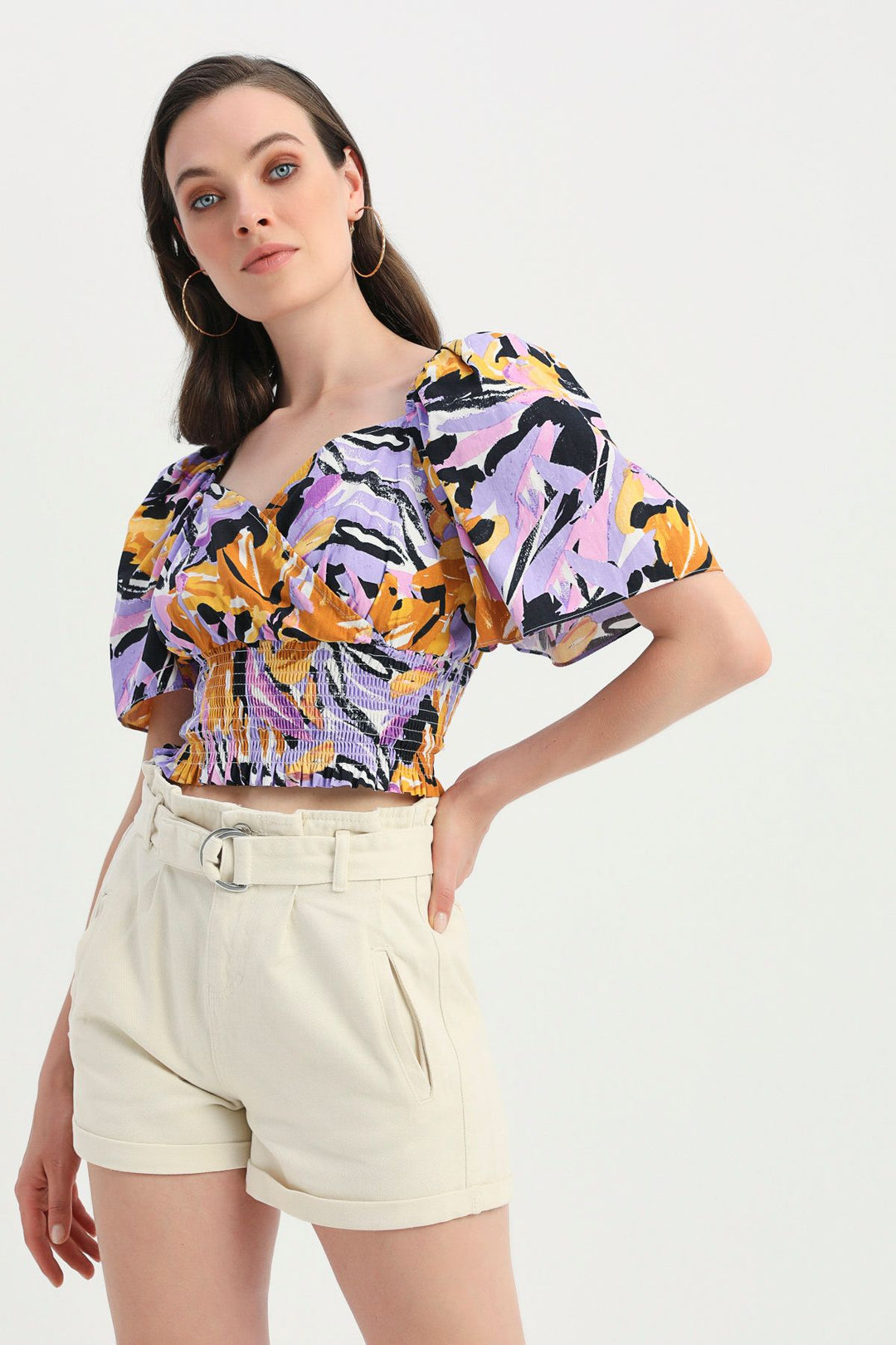 Patterned Gipe Detail Double Breasted Blouse Purple