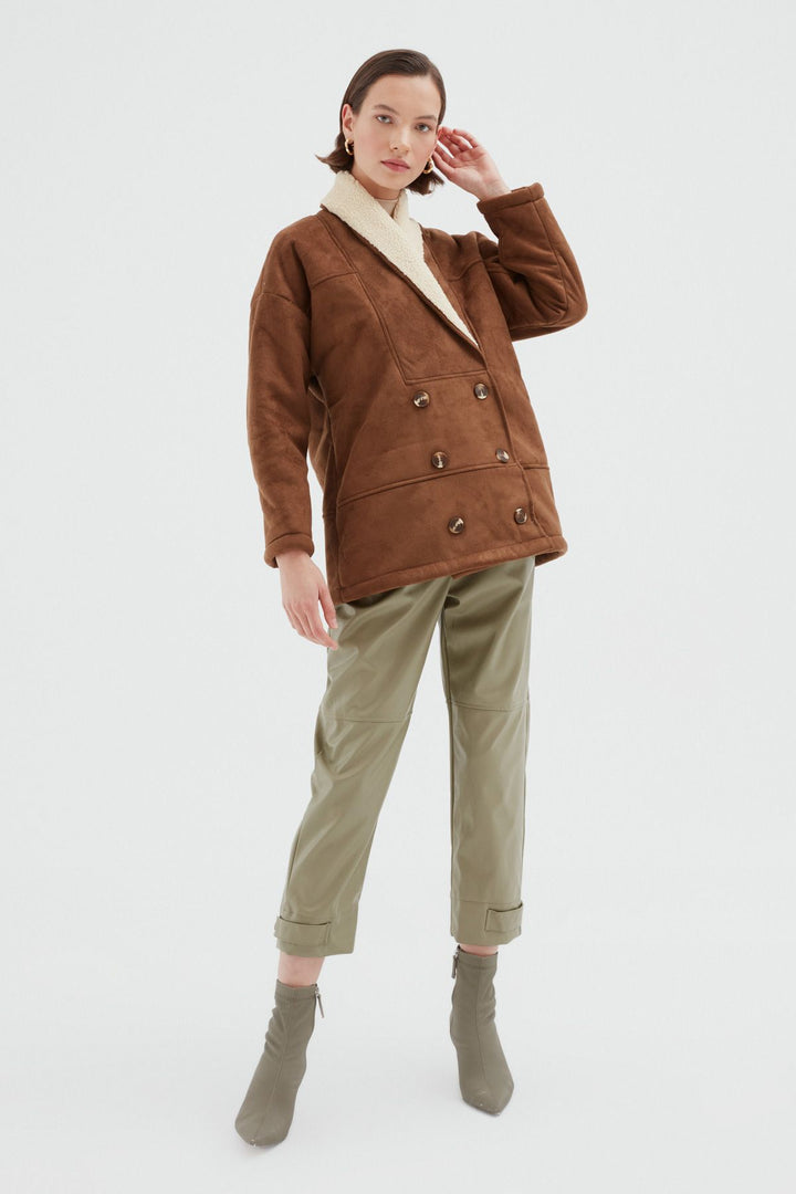 Double Breasted Suede Coat Brown