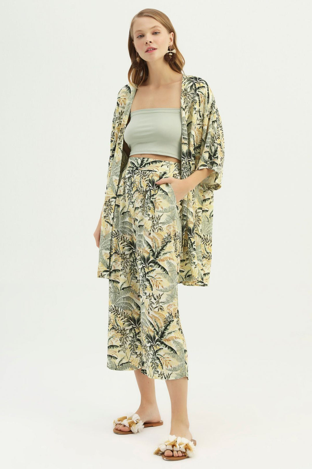 Patterned Long Kimono Green