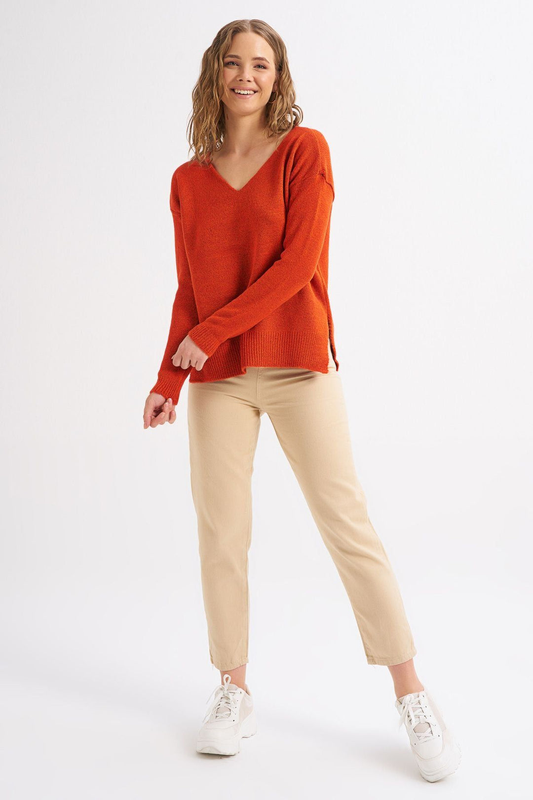 Side Slit V-Neck Jumper Orange