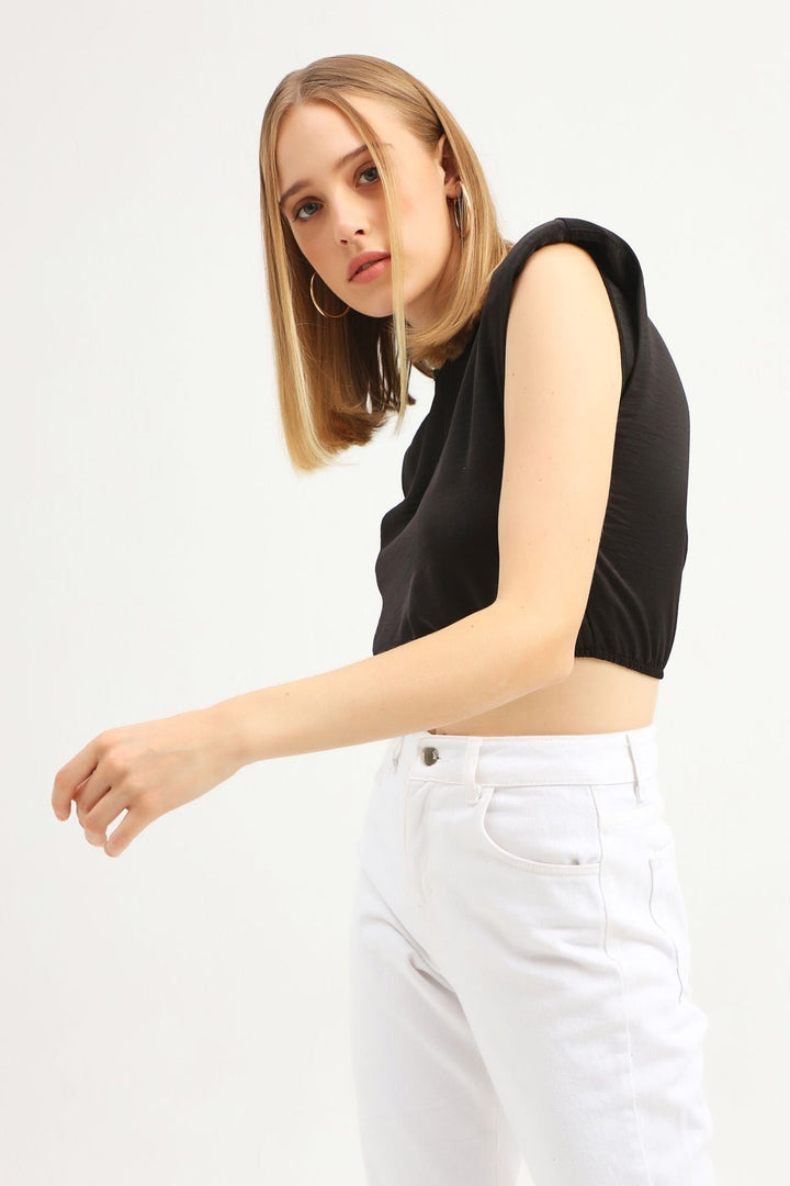 Waistband Crop Blouse Black