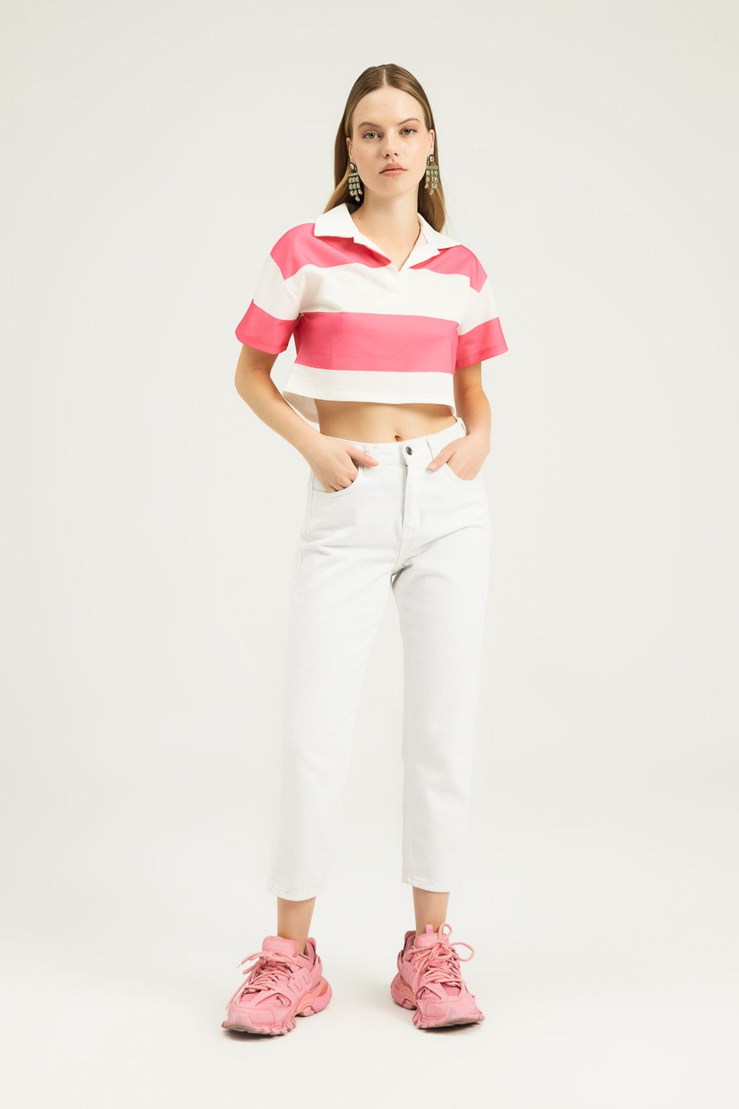 Polo Neck Striped Crop Blouse Candy Pink