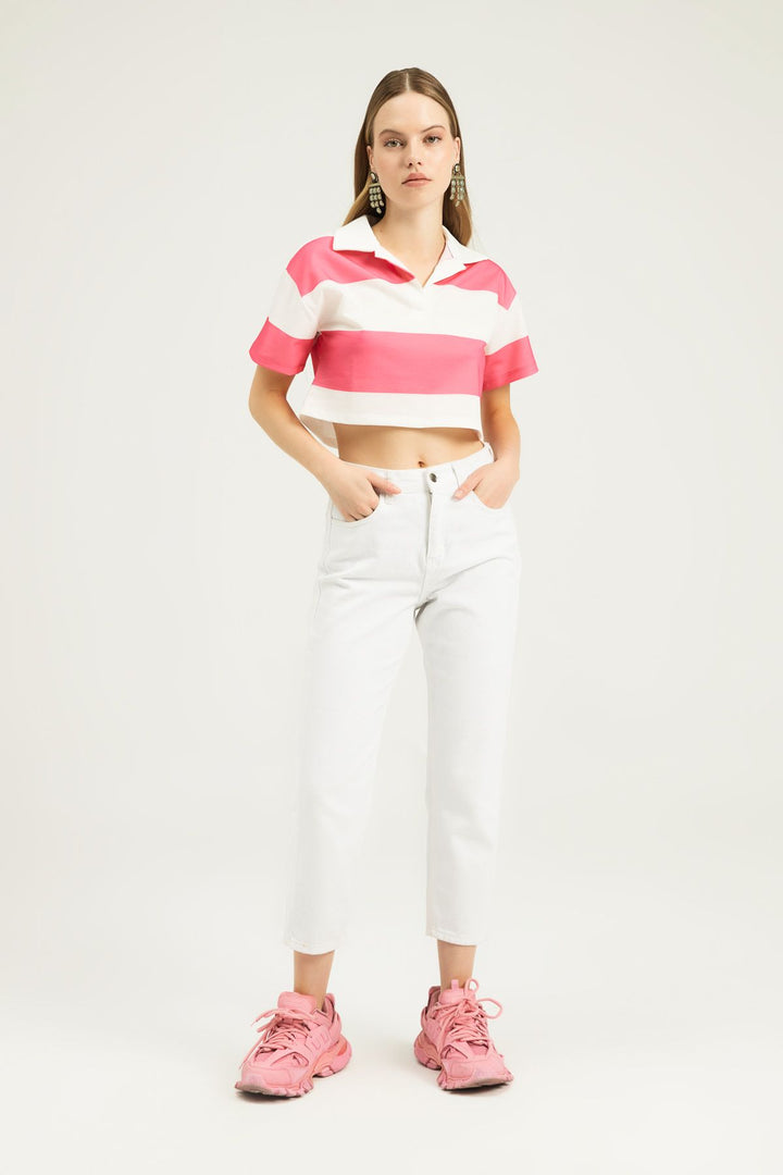 Polo Neck Striped Crop Blouse Candy Pink
