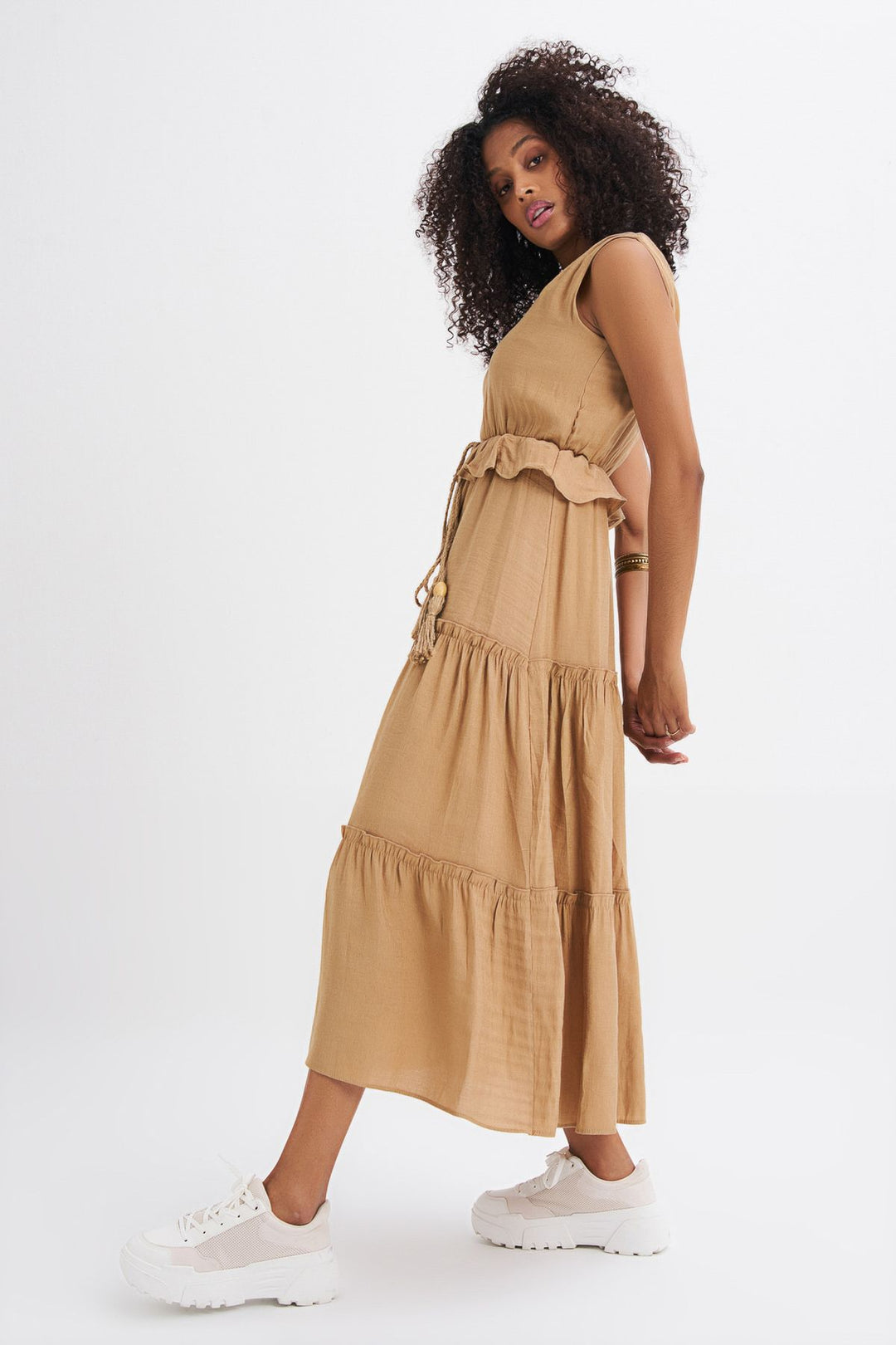 V Neck Straw Belt Detailed Dress Camel