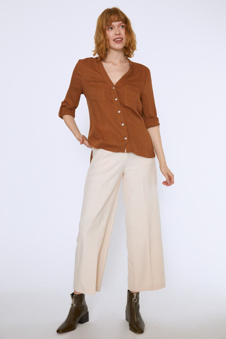 Three Quarter Sleeve Linen Shirt Brown