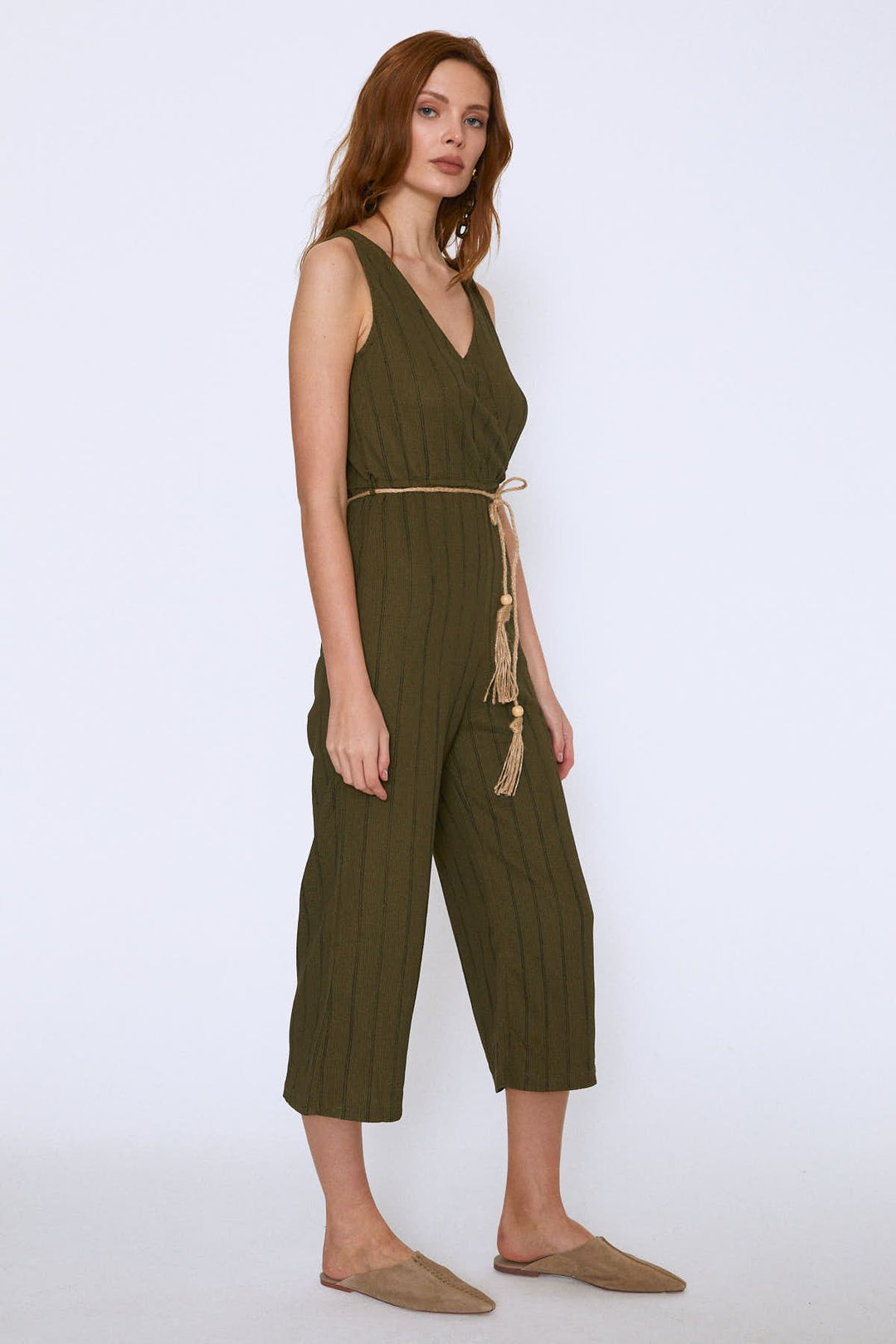 Hasır Kemerli V Yaka Tulum Haki