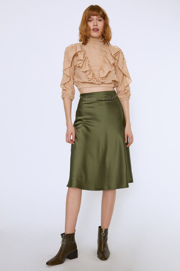 Chain Waist Midi Skirt Khaki