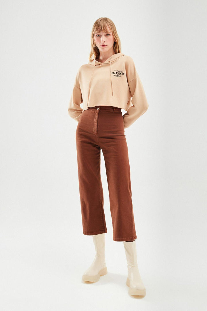 Baskılı Crop Sweatshirt Bej