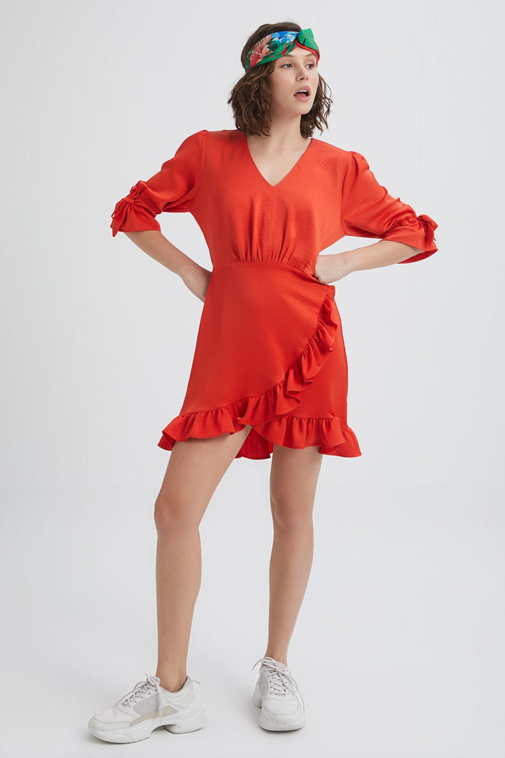 V Neck Frilly Mini Dress Orange