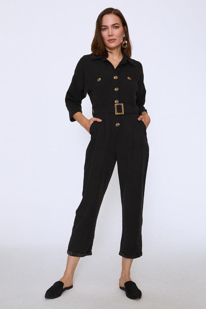 Beli Kuşaklı V Yaka Tulum Siyah