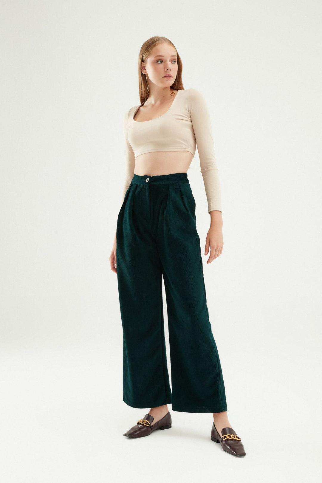 Pleated Velvet Trousers Dark Green