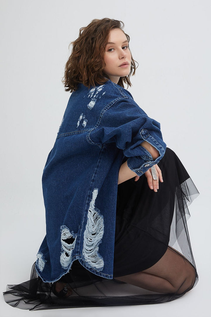 Kemer Detaylı Uzun Kot Ceket Mavi