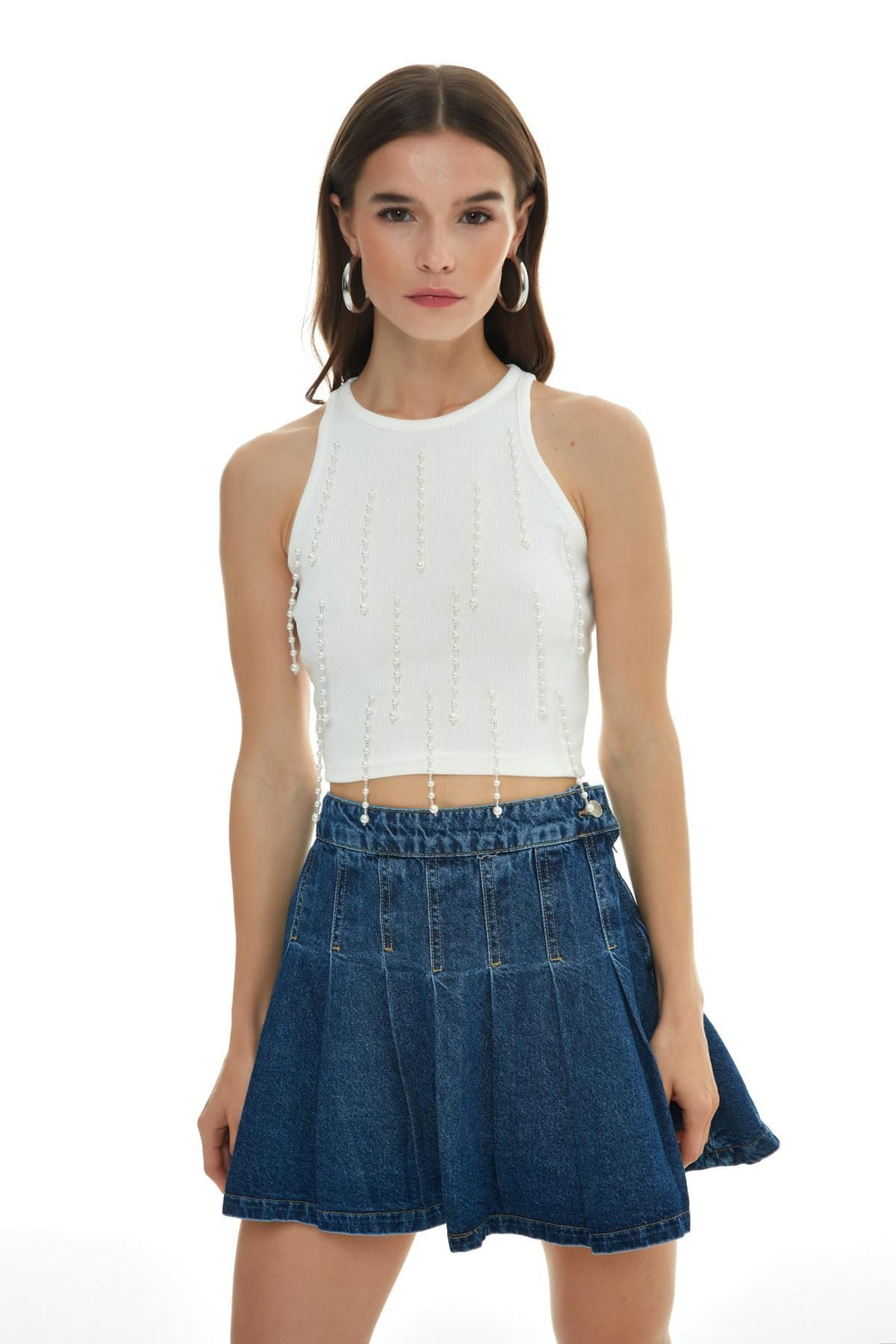 Pearl Detailed Corduroy Crop Blouse Ecru