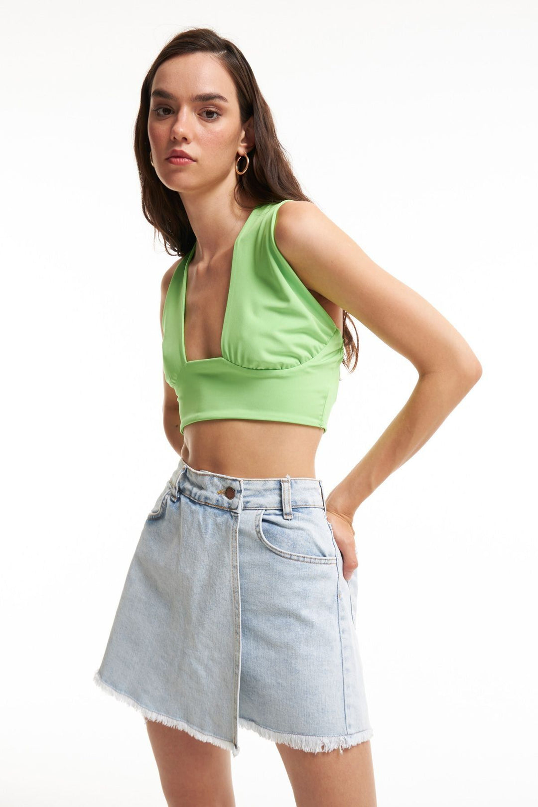 Püsküllü Kot Şort Etek Buz Mavi