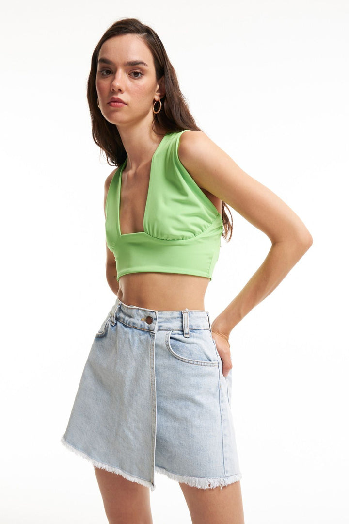 Püsküllü Kot Şort Etek Buz Mavi