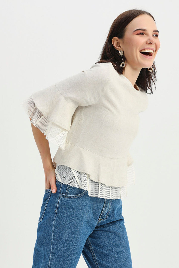 Flywheel Guipure Detailed Linen Blouse Natural