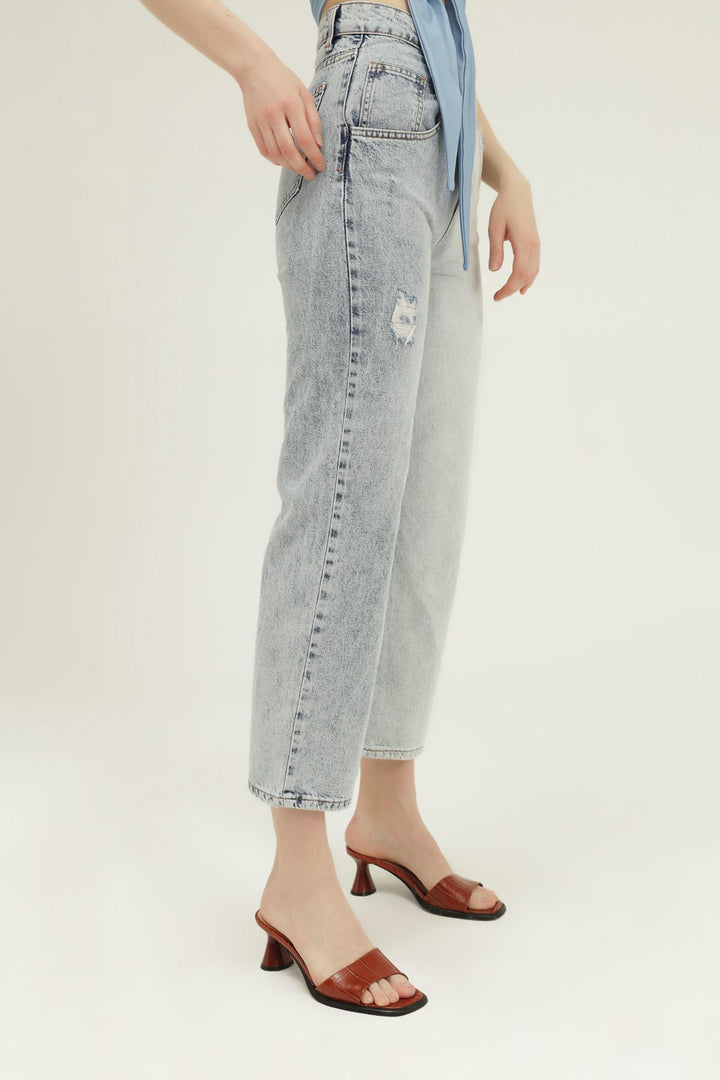 İki Renkli Bol Paça Kot Pantolon Açık Mavi