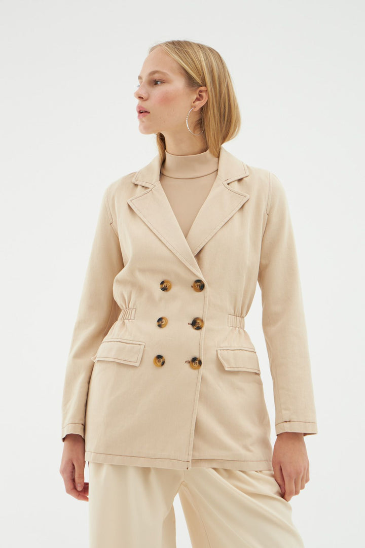 Büzgü Detaylı Kruvaze Ceket Taş