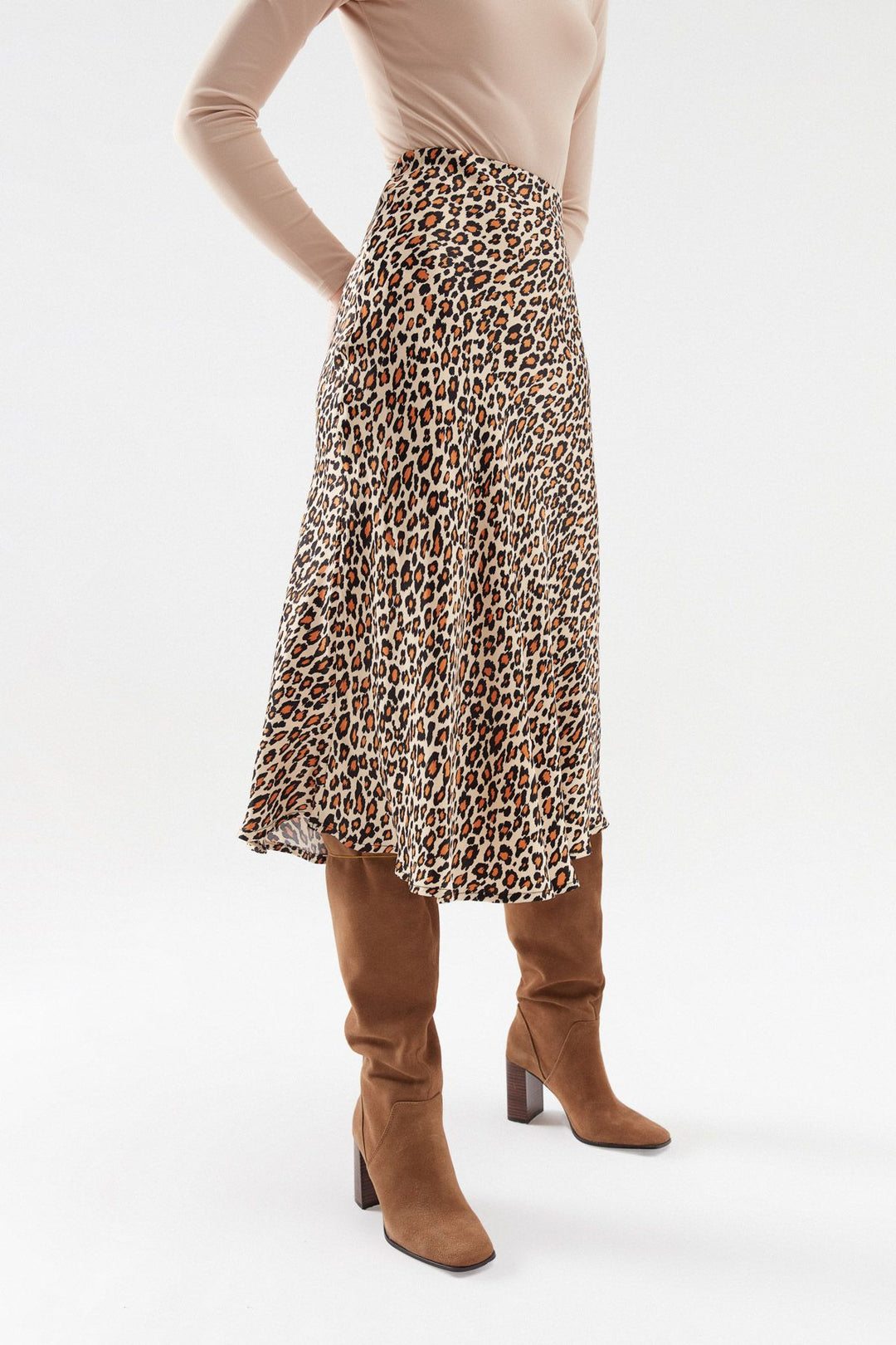 Leopard Satin Midi Skirt Beige