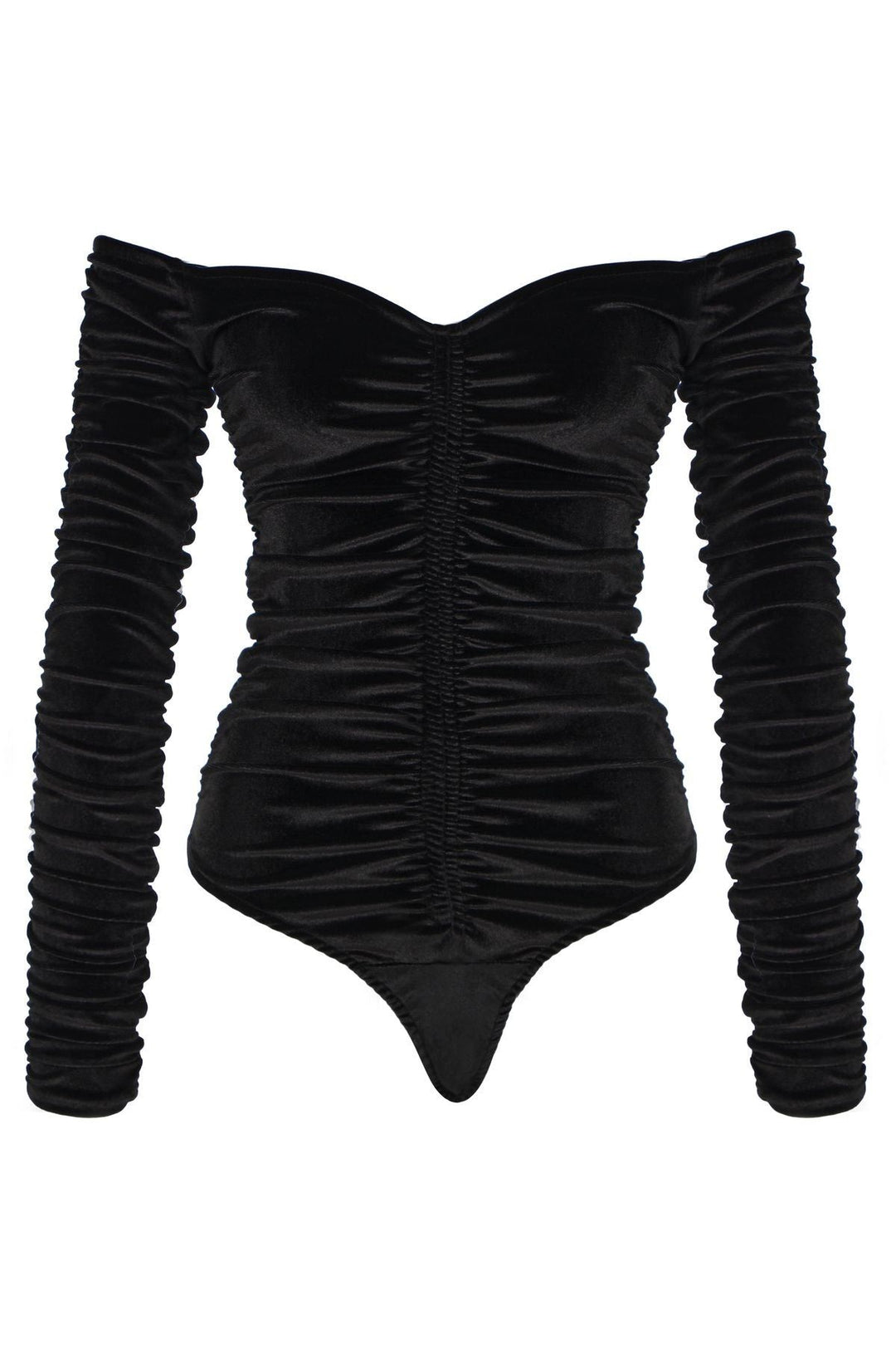 Pleated V-Neck Velvet Bodysuit Black