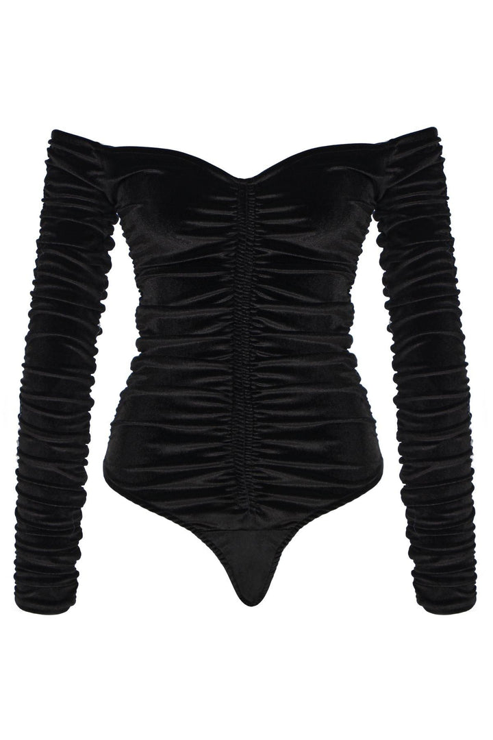 Pleated V-Neck Velvet Bodysuit Black