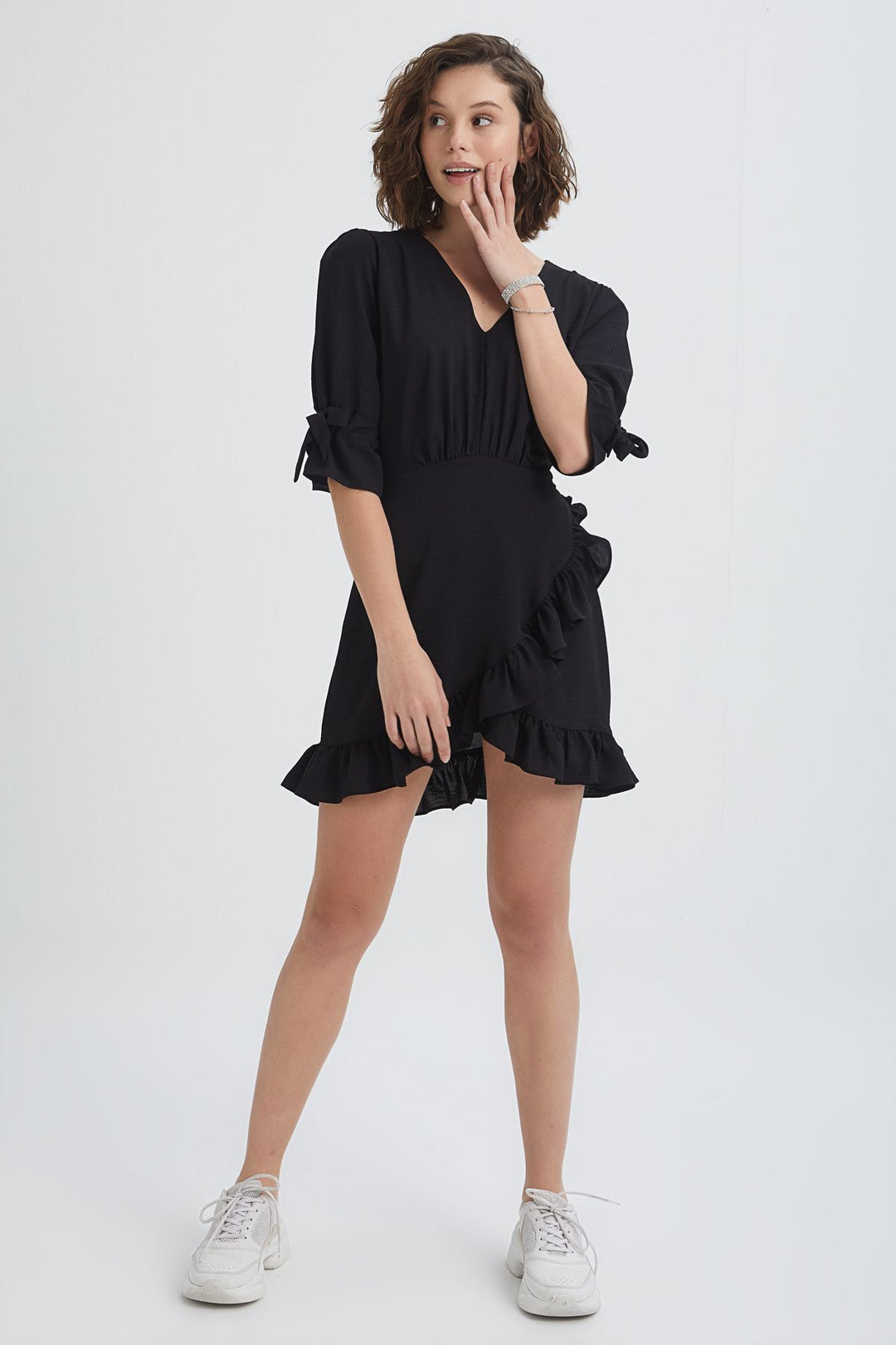V Neck Frilly Mini Dress Black