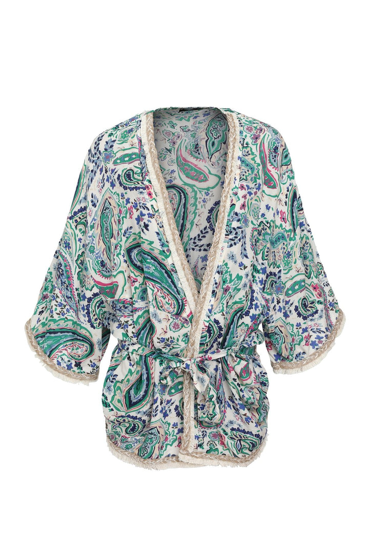 Tassel Detailed Patterned Kimono Green