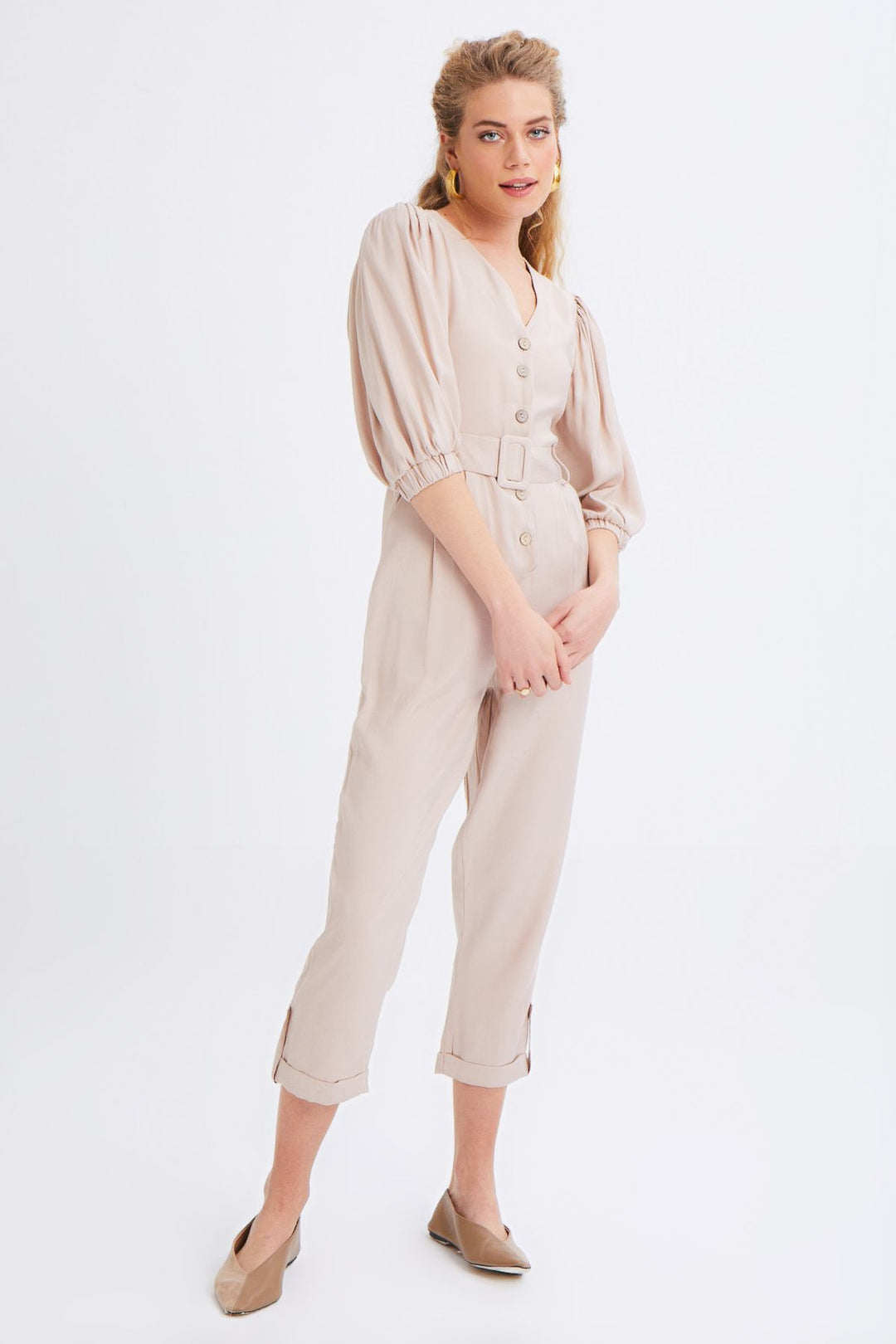 V Yaka Beli Kemerli Tulum Bej