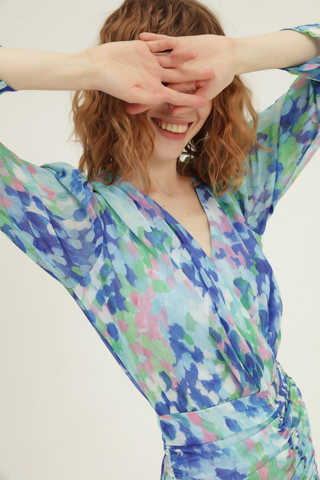 Desenli Kruvaze Mini Elbise Mavi