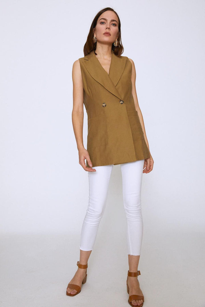 Double Breasted Pocket Sleeveless Jacket Khaki