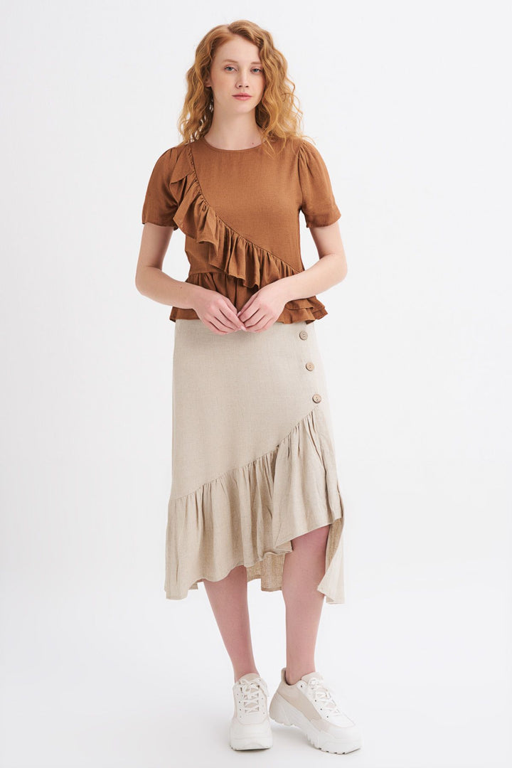 Ruffle Linen T-Shirt Brown