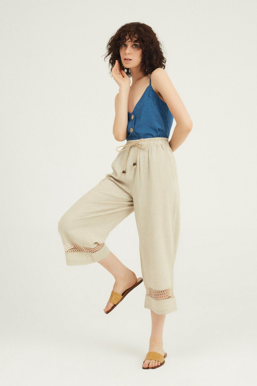 File Detaylı Keten Pantolon Naturel