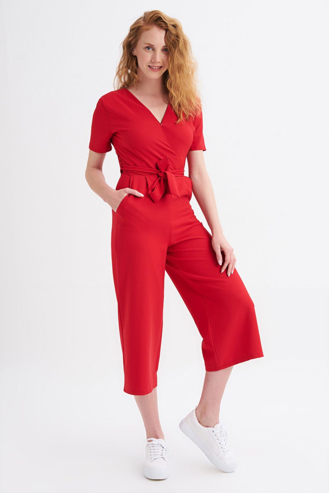 Kruvaze Beli Kuşaklı Tulum Kırmızı