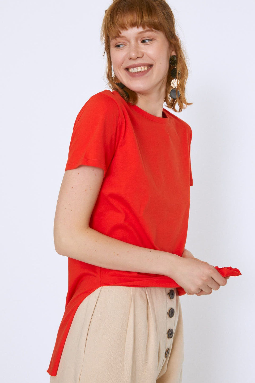 Bisiklet Yaka Yanı Yırtmaçlı Tişört Koyu Oranj