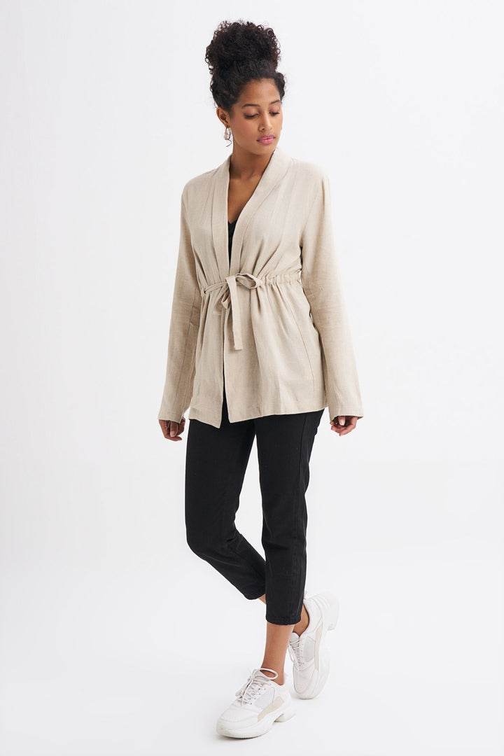 Waist Belted Linen Jacket Beige
