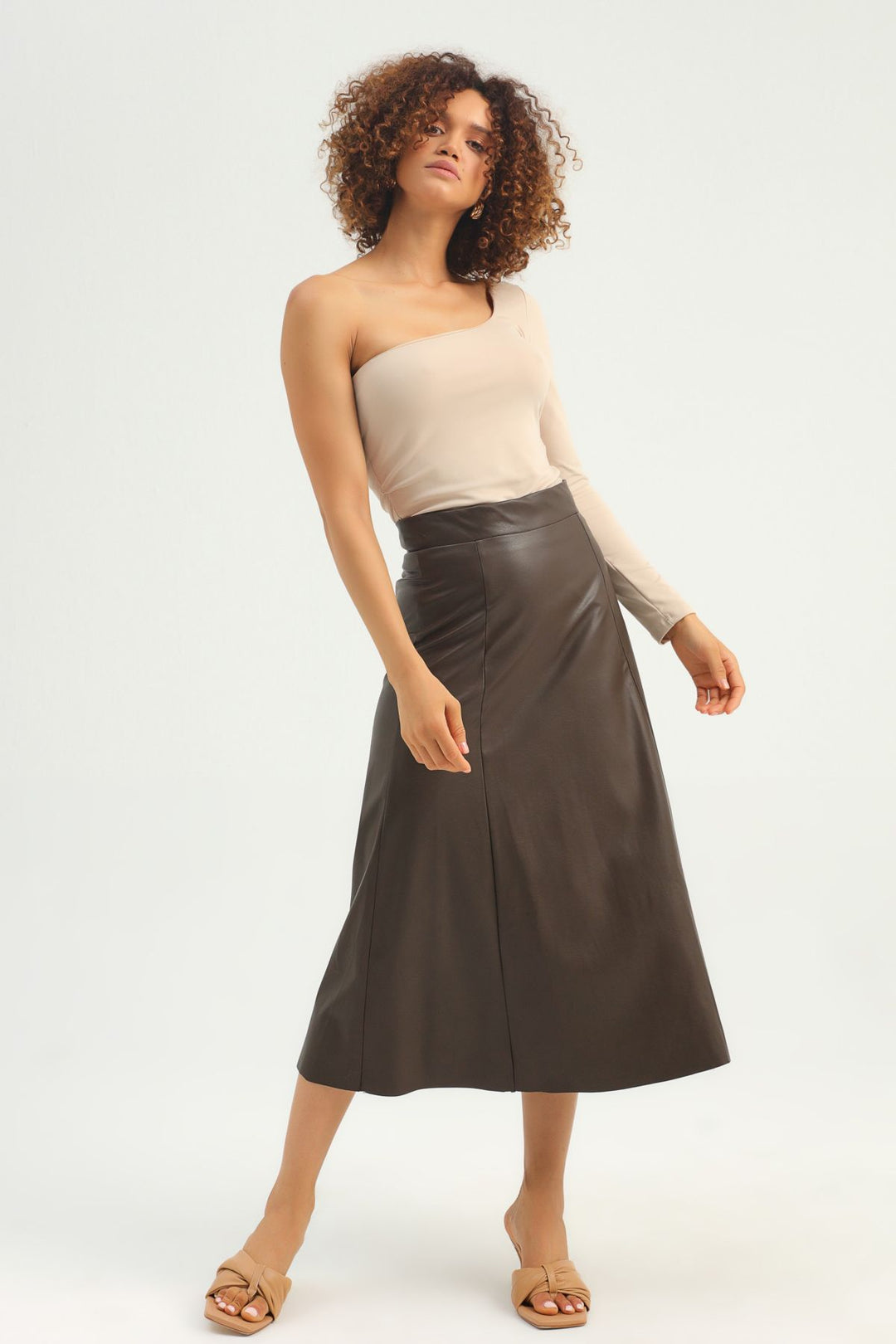 Leather Midi Skirt Brown