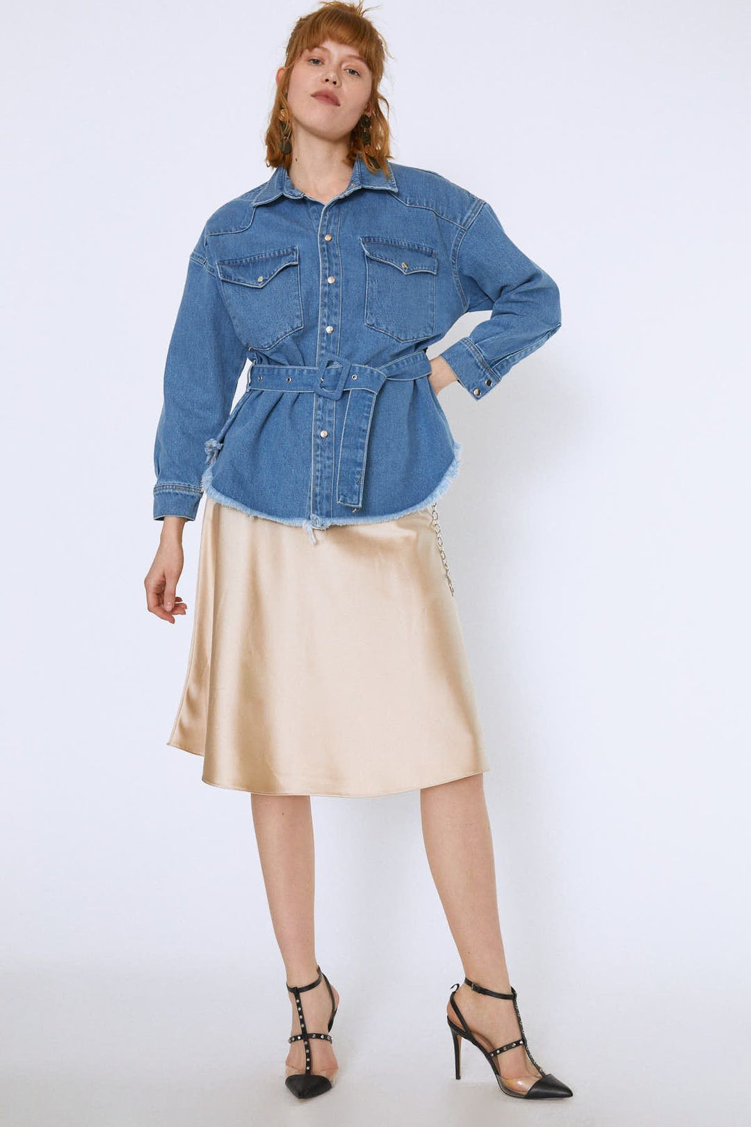 Belted Long Denim Jacket Blue
