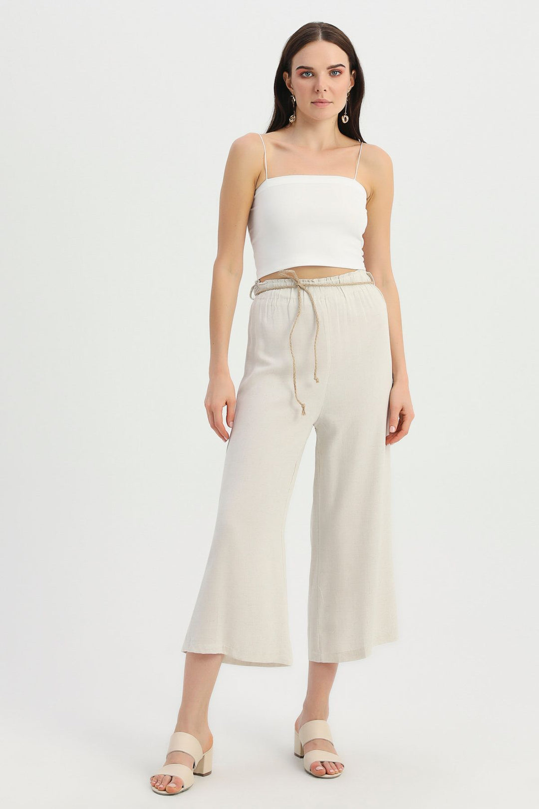 Hasır İp Kemerli Keten Pantolon Ekru
