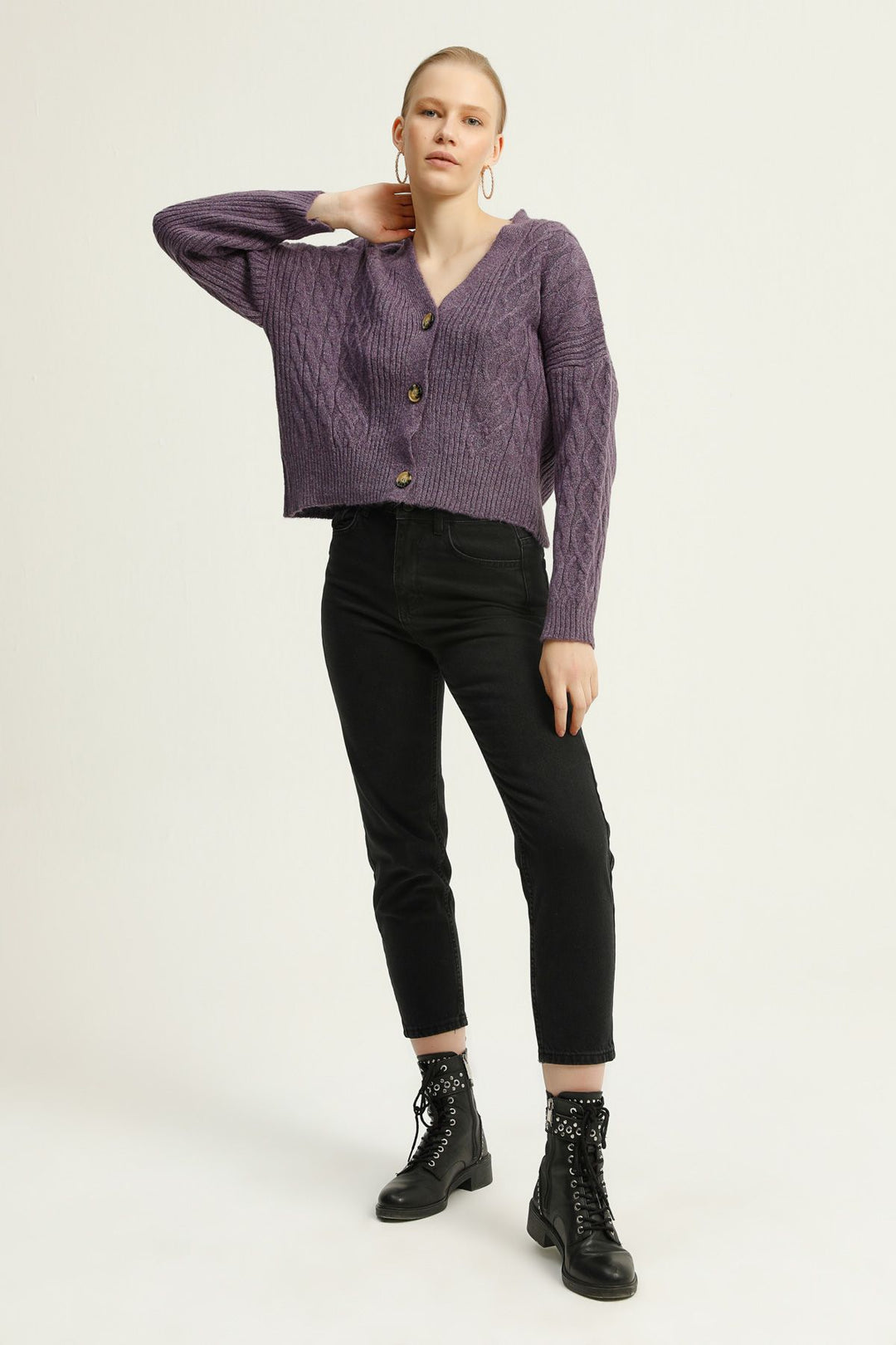 Diamond Pattern Buttoned Cardigan Purple